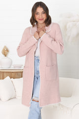 Kinny Cardigan - Collared Contrast Stiching Cardigan in Pink