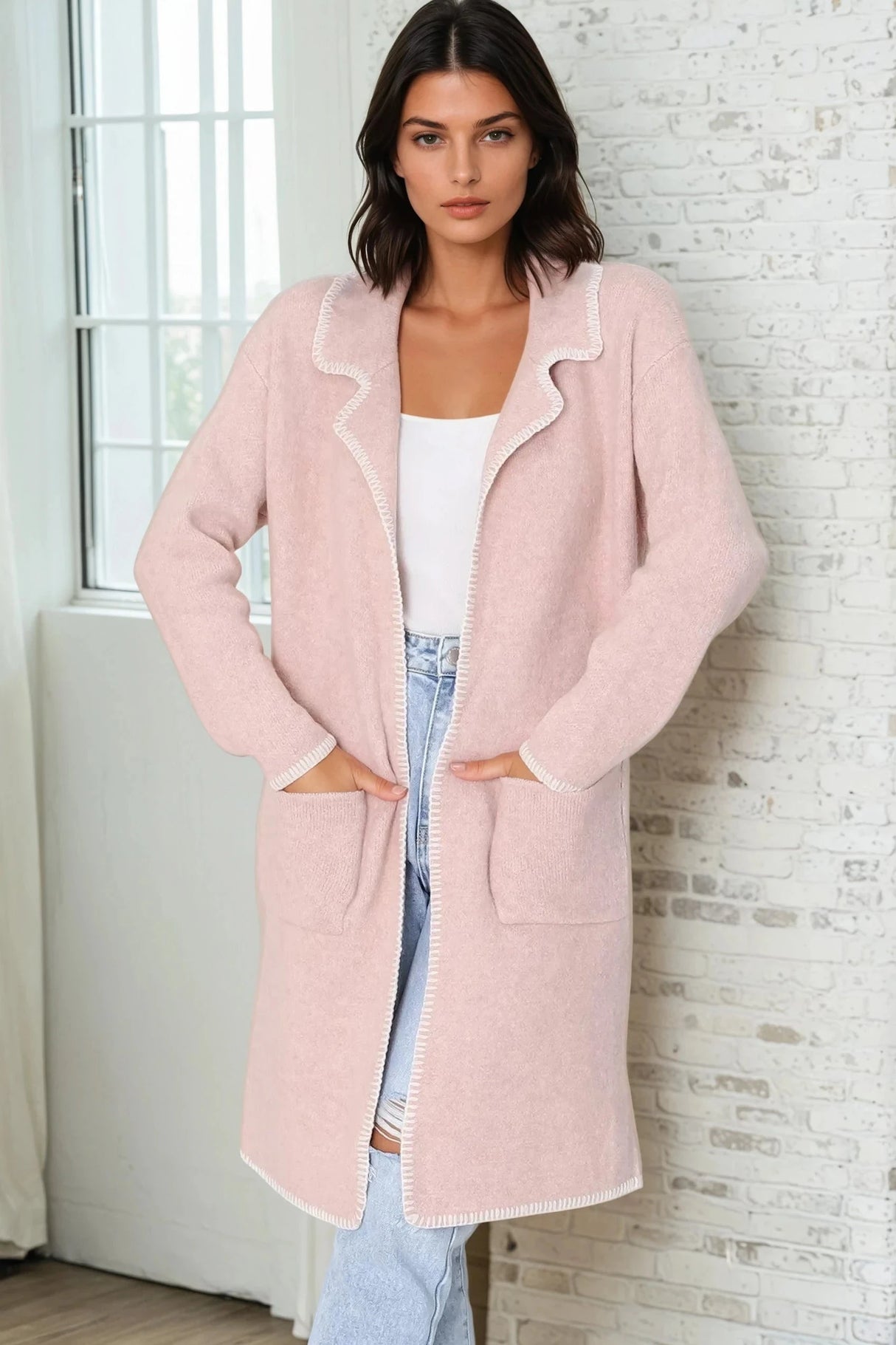 Kinny Cardigan - Collared Contrast Stitching Cardigan in Pink