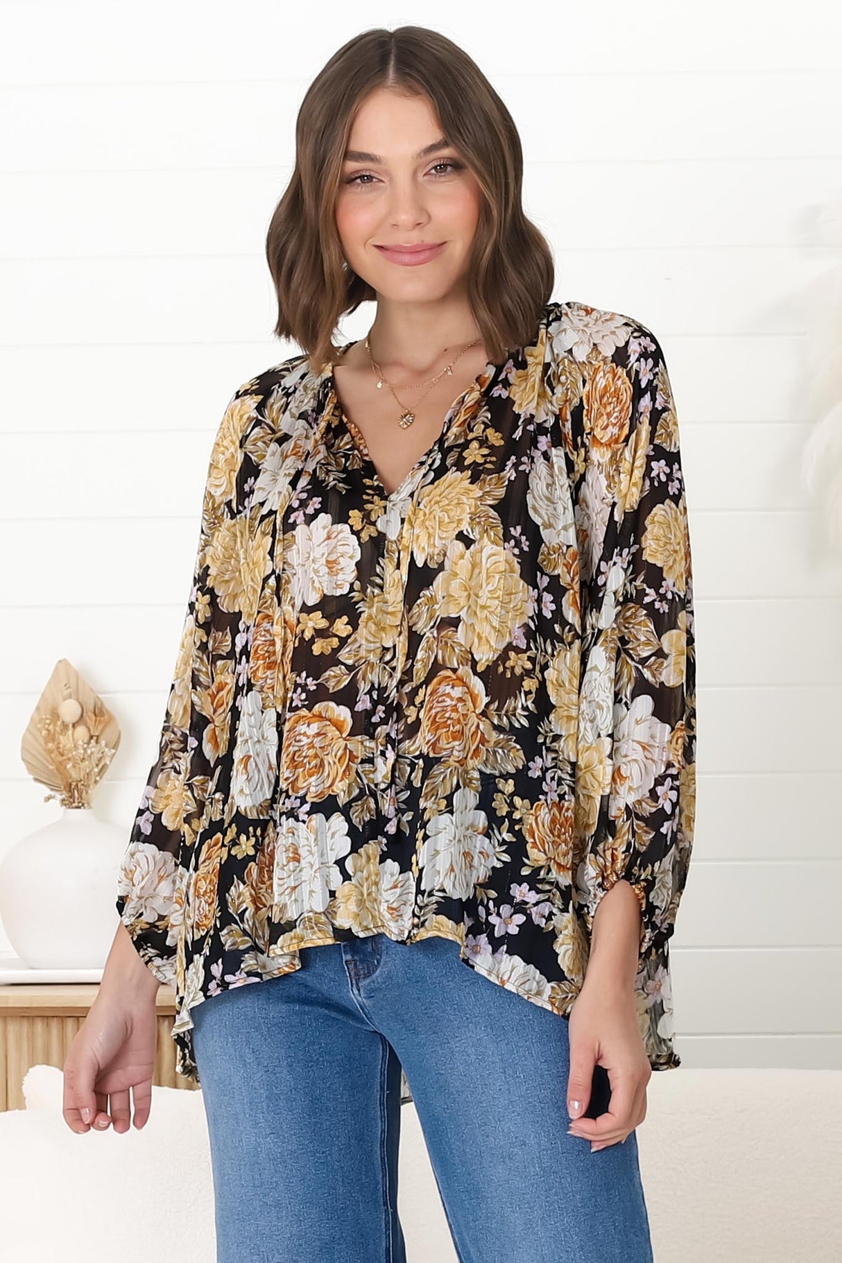 Marietta Top - Pull Over Plisse Blouse with Gold Tinsel Threading in Elsa Print Black