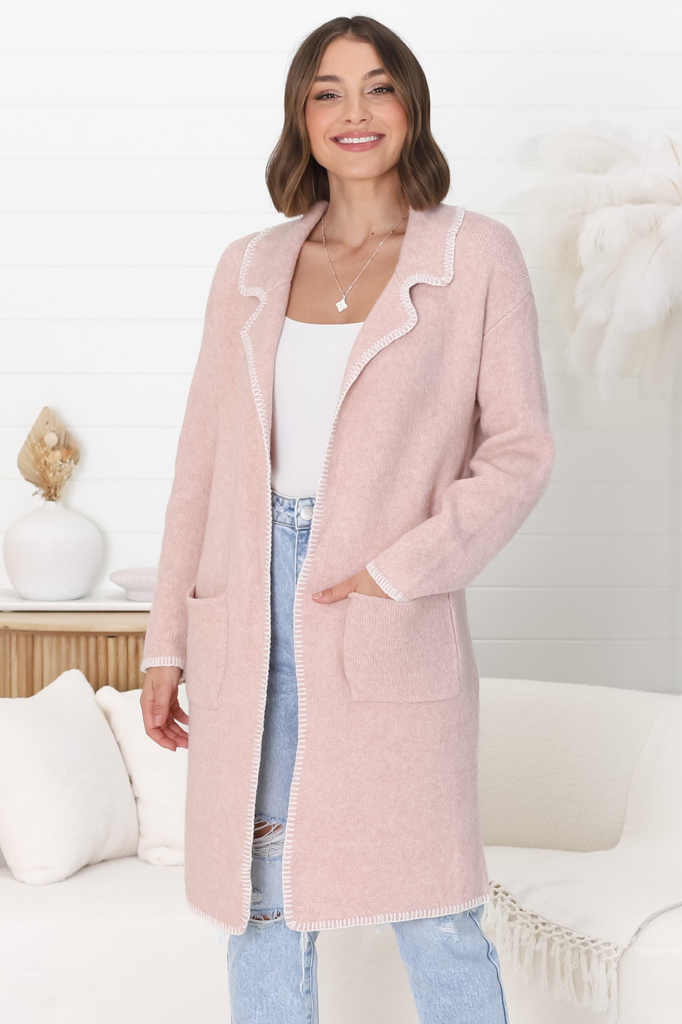 Kinny Cardigan - Collared Contrast Stiching Cardigan in Pink