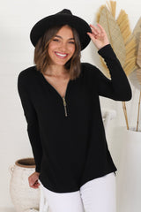 Cecile Top - Zipper Detail V Neck Top in Black