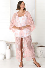 Haylo Kimono - Floral Lace Kimono with Scallop Hemline in Pink