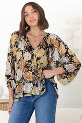 Marietta Top - Pull Over Plisse Blouse with Gold Tinsel Threading in Elsa Print Black