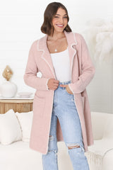 Kinny Cardigan - Collared Contrast Stiching Cardigan in Pink