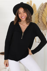 Cecile Top - Zipper Detail V Neck Top in Black