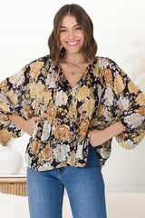 Marietta Top - Pull Over Plisse Blouse with Gold Tinsel Threading in Elsa Print Black