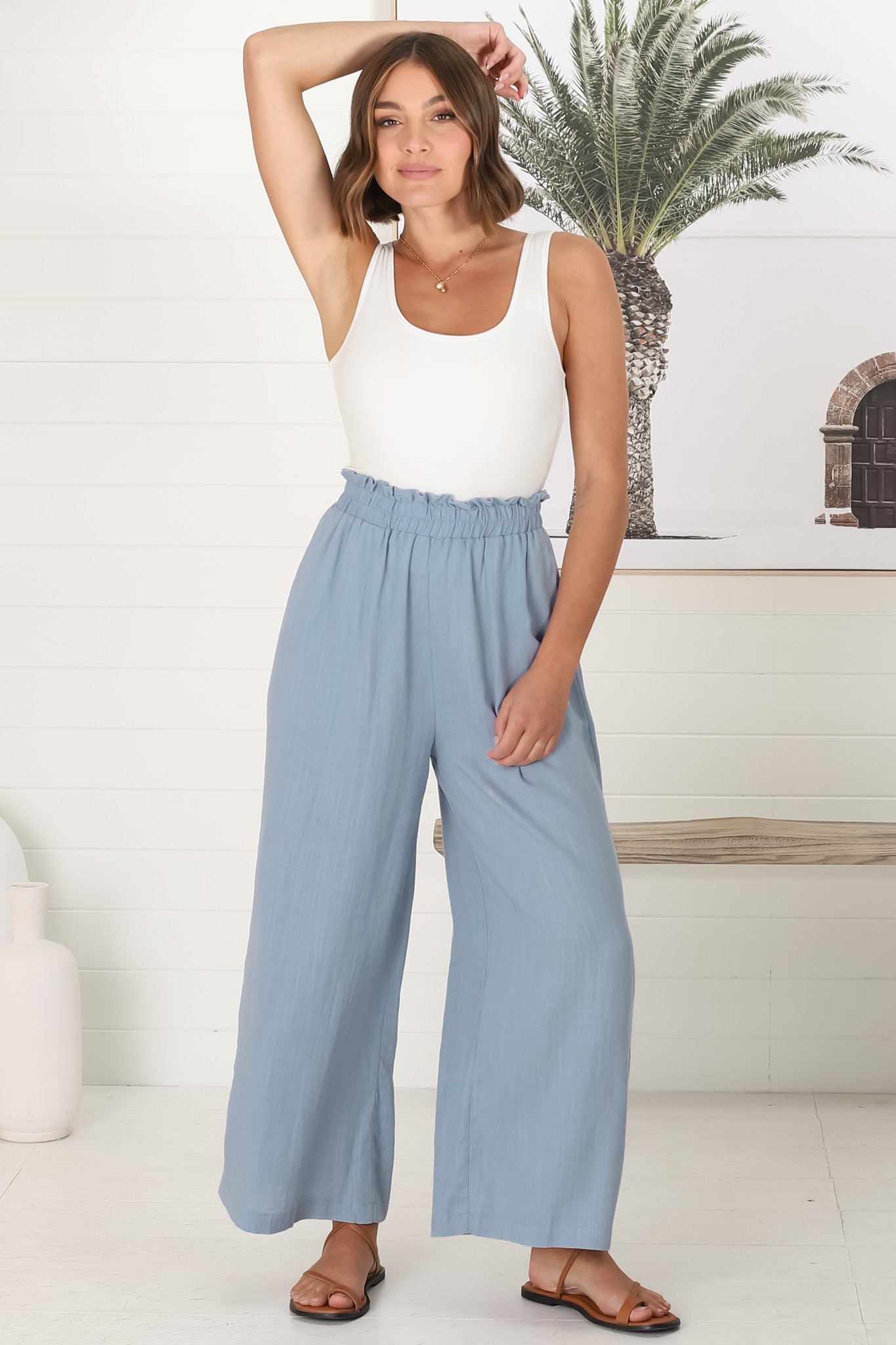 Crawley Linen Pants - Paperbag High Waisted Pants in Cloudy Blue