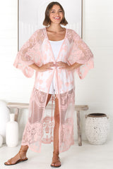 Haylo Kimono - Floral Lace Kimono with Scallop Hemline in Pink