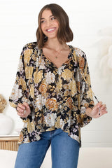 Marietta Top - Pull Over Plisse Blouse with Gold Tinsel Threading in Elsa Print Black