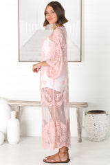 Haylo Kimono - Floral Lace Kimono with Scallop Hemline in Pink