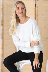 Joanne Knit Top - Crew Neckline Bat Wing Long Sleeve Top in Off White