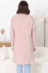 Kinny Cardigan - Collared Contrast Stiching Cardigan in Pink