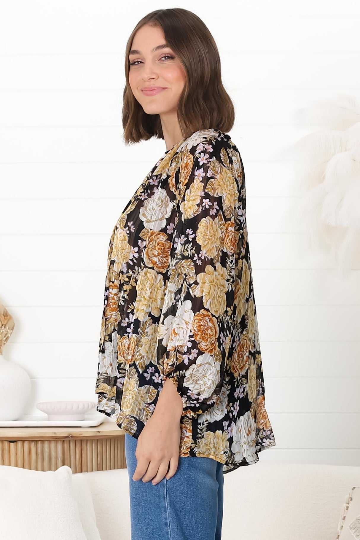 Marietta Top - Pull Over Plisse Blouse with Gold Tinsel Threading in Elsa Print Black