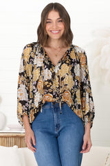 Marietta Top - Pull Over Plisse Blouse with Gold Tinsel Threading in Elsa Print Black