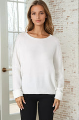 Joanne Knit Top - Crew Neckline Bat Wing Long Sleeve Top in Off White