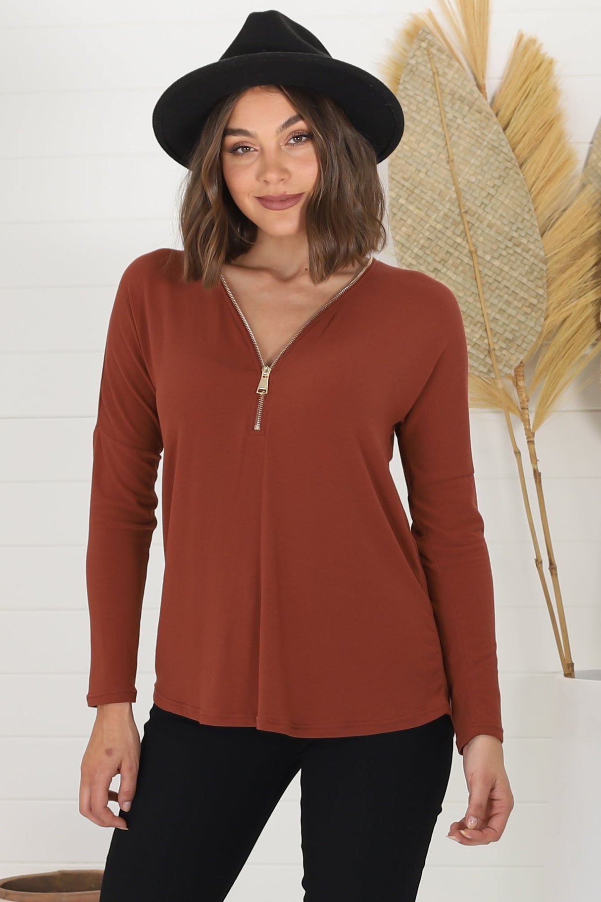 Cecile Top - Zipper Detail V Neck Top in Rust