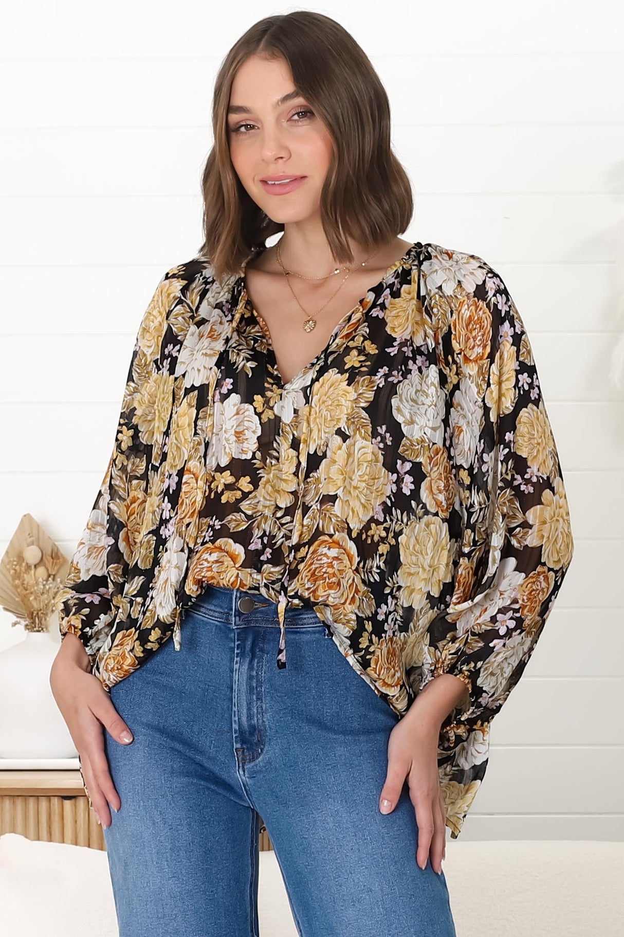 Marietta Top - Pull Over Plisse Blouse with Gold Tinsel Threading in Elsa Print Black