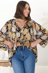 Marietta Top - Pull Over Plisse Blouse with Gold Tinsel Threading in Elsa Print Black