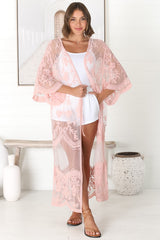 Haylo Kimono - Floral Lace Kimono with Scallop Hemline in Pink