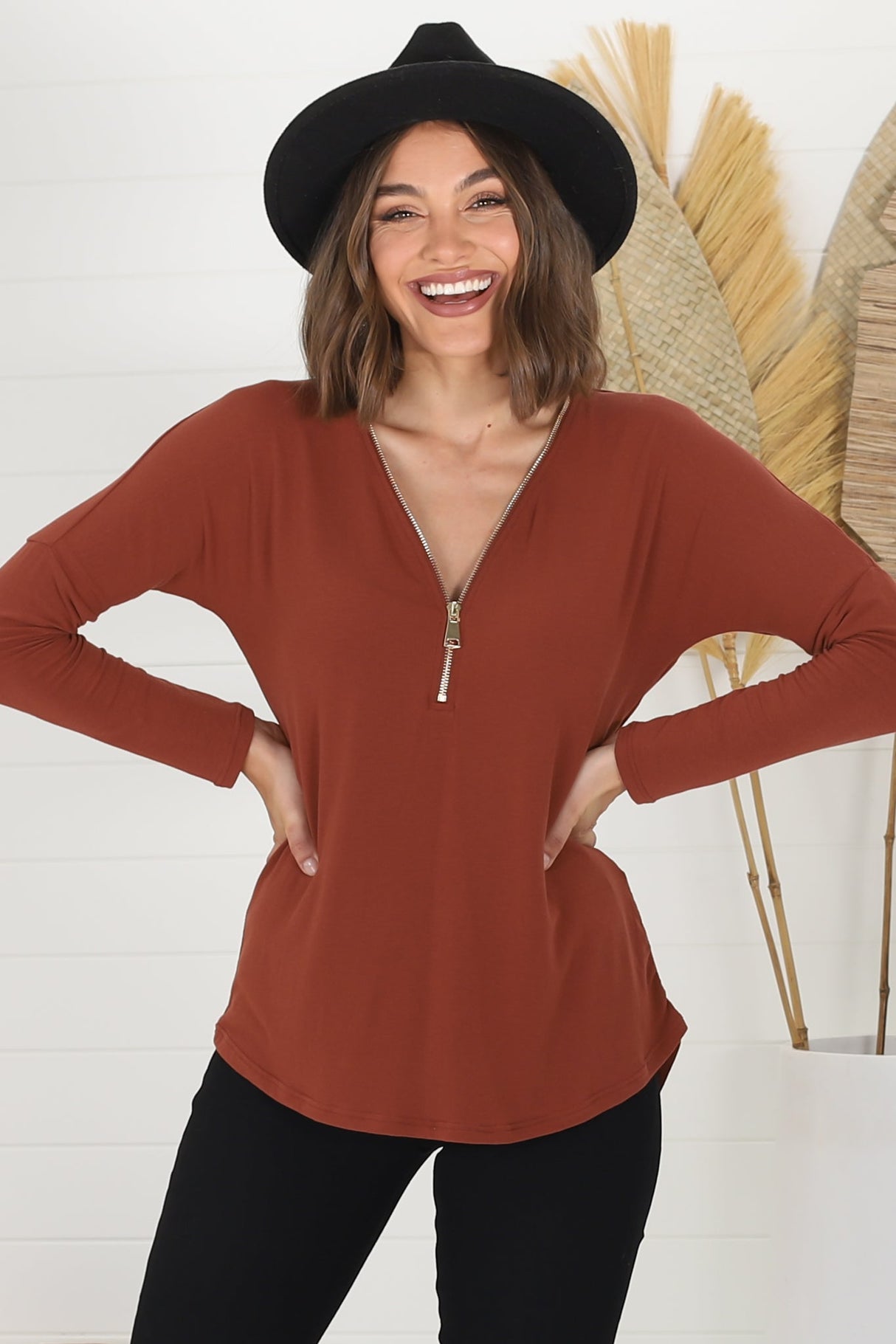 Cecile Top - Zipper Detail V Neck Top in Rust