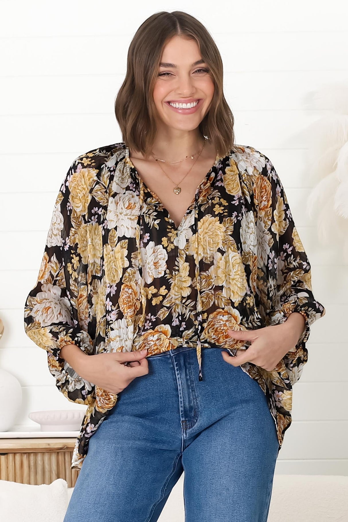 Marietta Top - Pull Over Plisse Blouse with Gold Tinsel Threading in Elsa Print Black