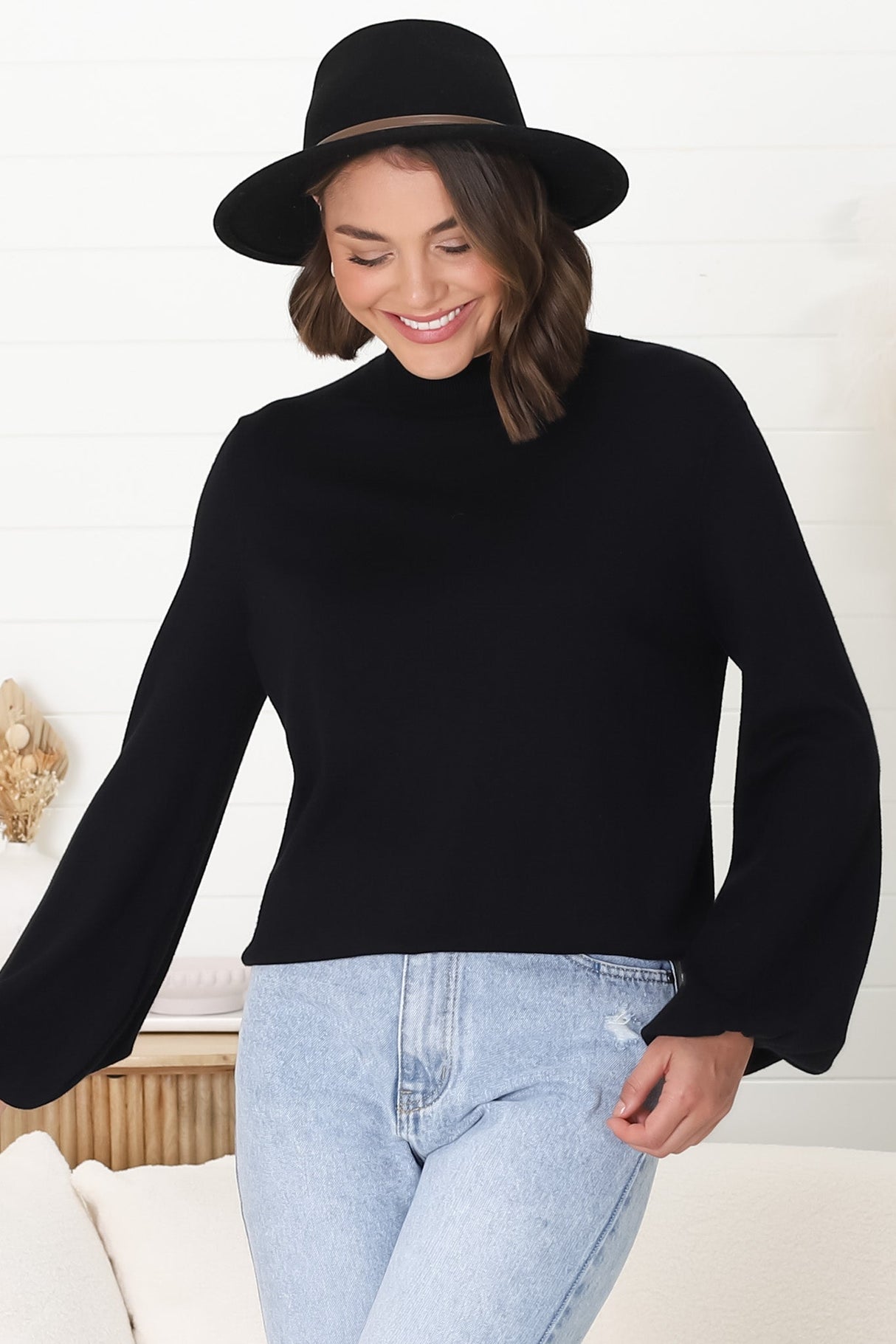 Tallum Knit Top - High Neck Knit Top with Balloon Sleeves in Black