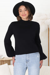 Tallum Knit Top - High Neck Knit Top with Balloon Sleeves in Black