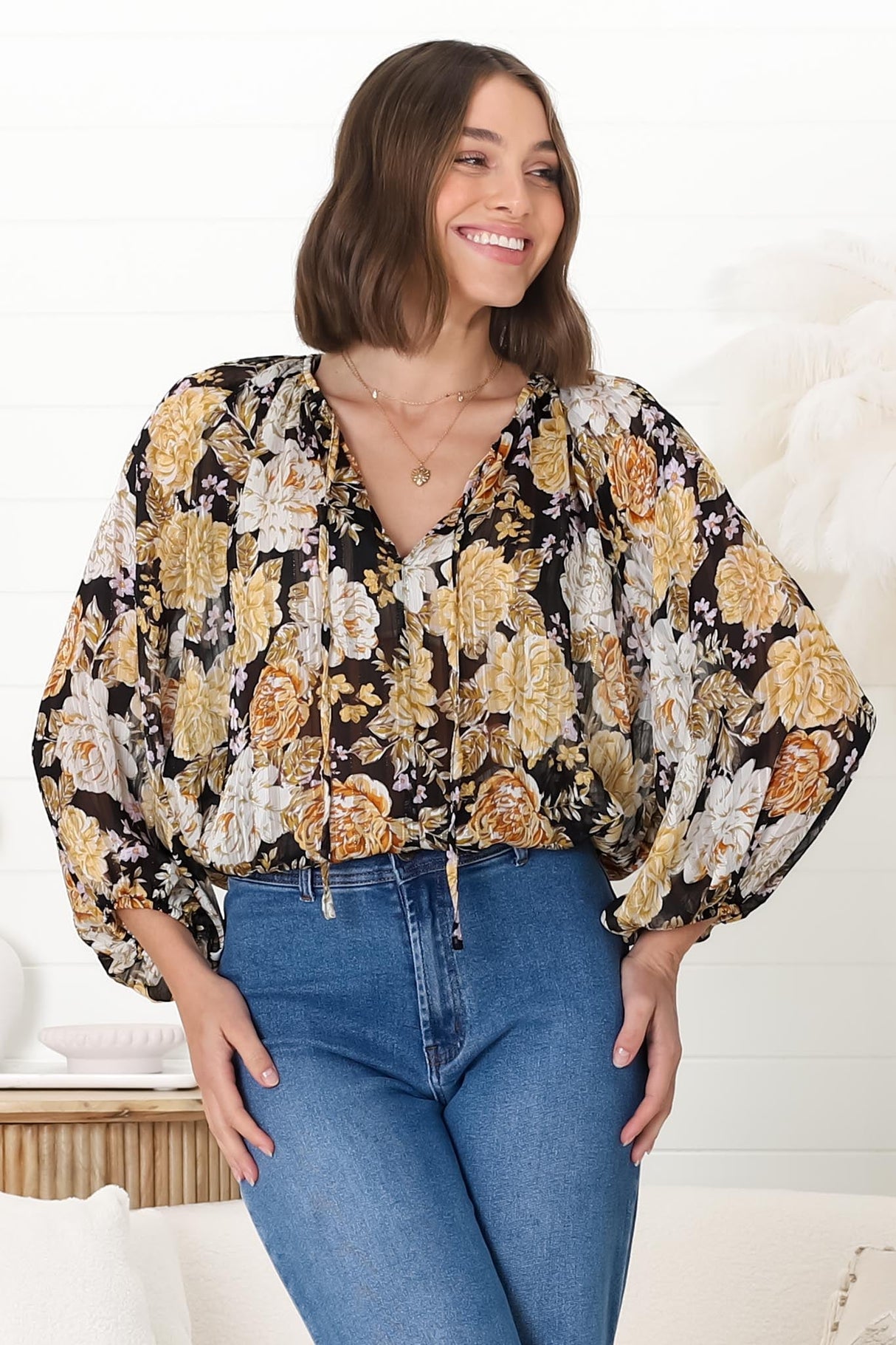 Marietta Top - Pull Over Plisse Blouse with Gold Tinsel Threading in Elsa Print Black