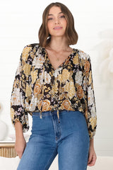 Marietta Top - Pull Over Plisse Blouse with Gold Tinsel Threading in Elsa Print Black