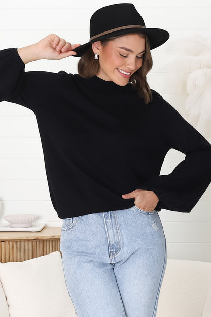 Tallum Knit Top - High Neck Knit Top with Balloon Sleeves in Black
