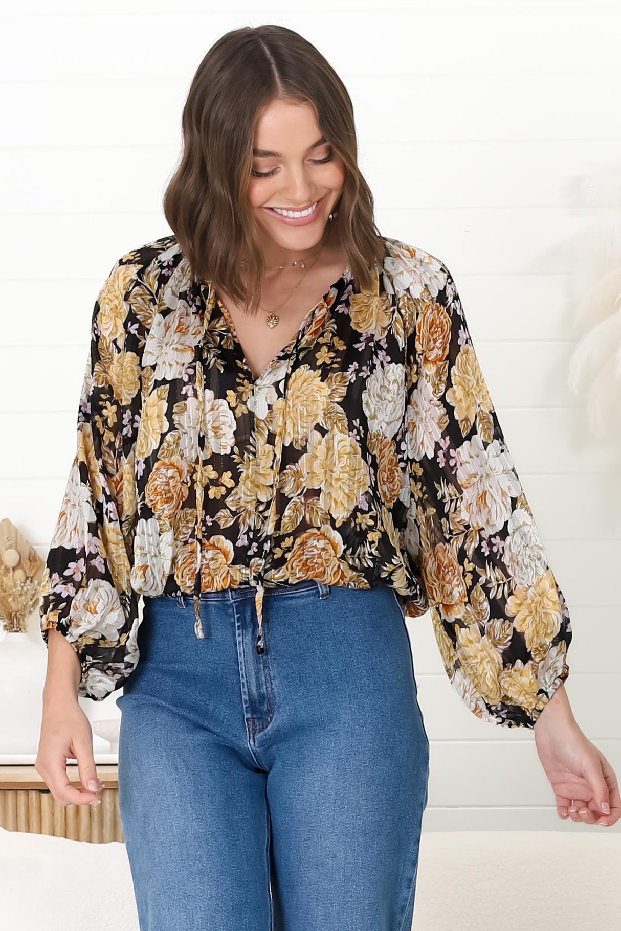 Marietta Top - Pull Over Plisse Blouse with Gold Tinsel Threading in Elsa Print Black