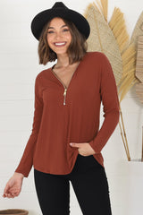 Cecile Top - Zipper Detail V Neck Top in Rust