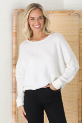 Joanne Knit Top - Crew Neckline Bat Wing Long Sleeve Top in Off White