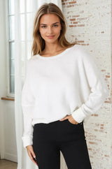 Joanne Knit Top - Crew Neckline Bat Wing Long Sleeve Top in Off White