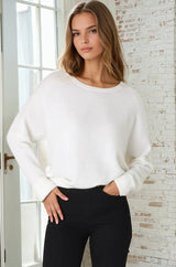 Joanne Knit Top - Crew Neckline Bat Wing Long Sleeve Top in Off White