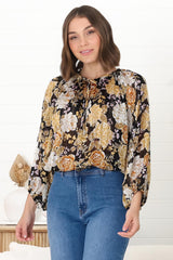 Marietta Top - Pull Over Plisse Blouse with Gold Tinsel Threading in Elsa Print Black