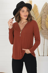 Cecile Top - Zipper Detail V Neck Top in Rust