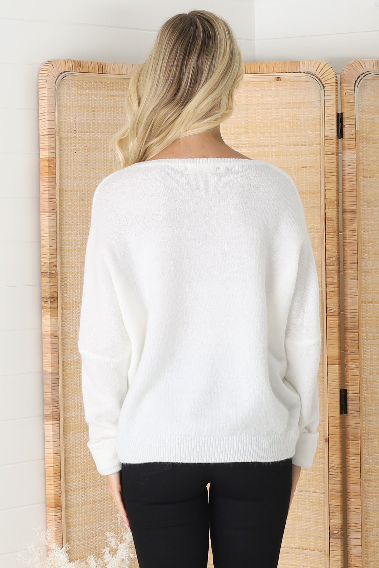 Joanne Knit Top - Crew Neckline Bat Wing Long Sleeve Top in Off White