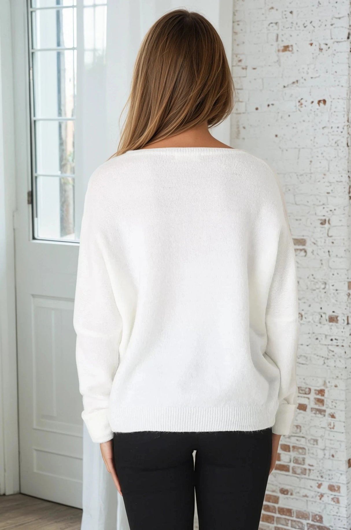 Joanne Knit Top - Crew Neckline Bat Wing Long Sleeve Top in Off White