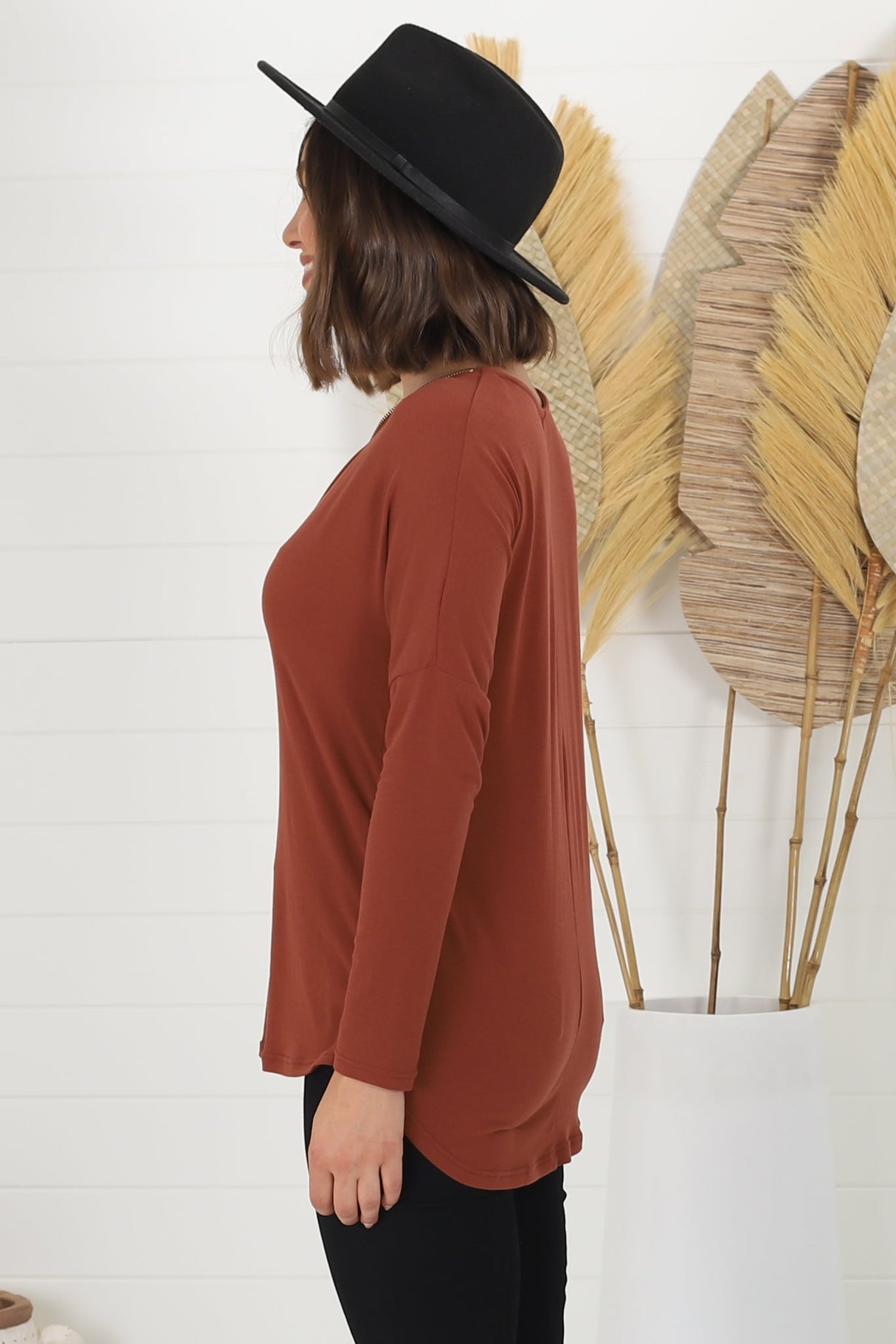 Cecile Top - Zipper Detail V Neck Top in Rust