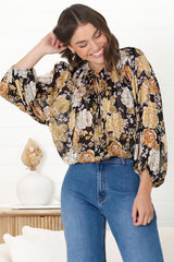 Marietta Top - Pull Over Plisse Blouse with Gold Tinsel Threading in Elsa Print Black