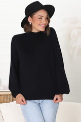 Tallum Knit Top - High Neck Knit Top with Balloon Sleeves in Black