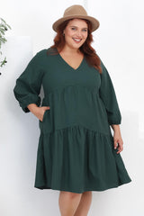 Astara Mini Dress -  V Neck Tiered Smock Dress in Green