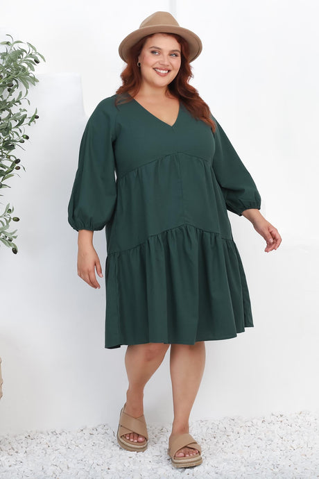 Astara Mini Dress -  V Neck Tiered Smock Dress in Green