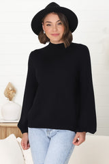 Tallum Knit Top - High Neck Knit Top with Balloon Sleeves in Black