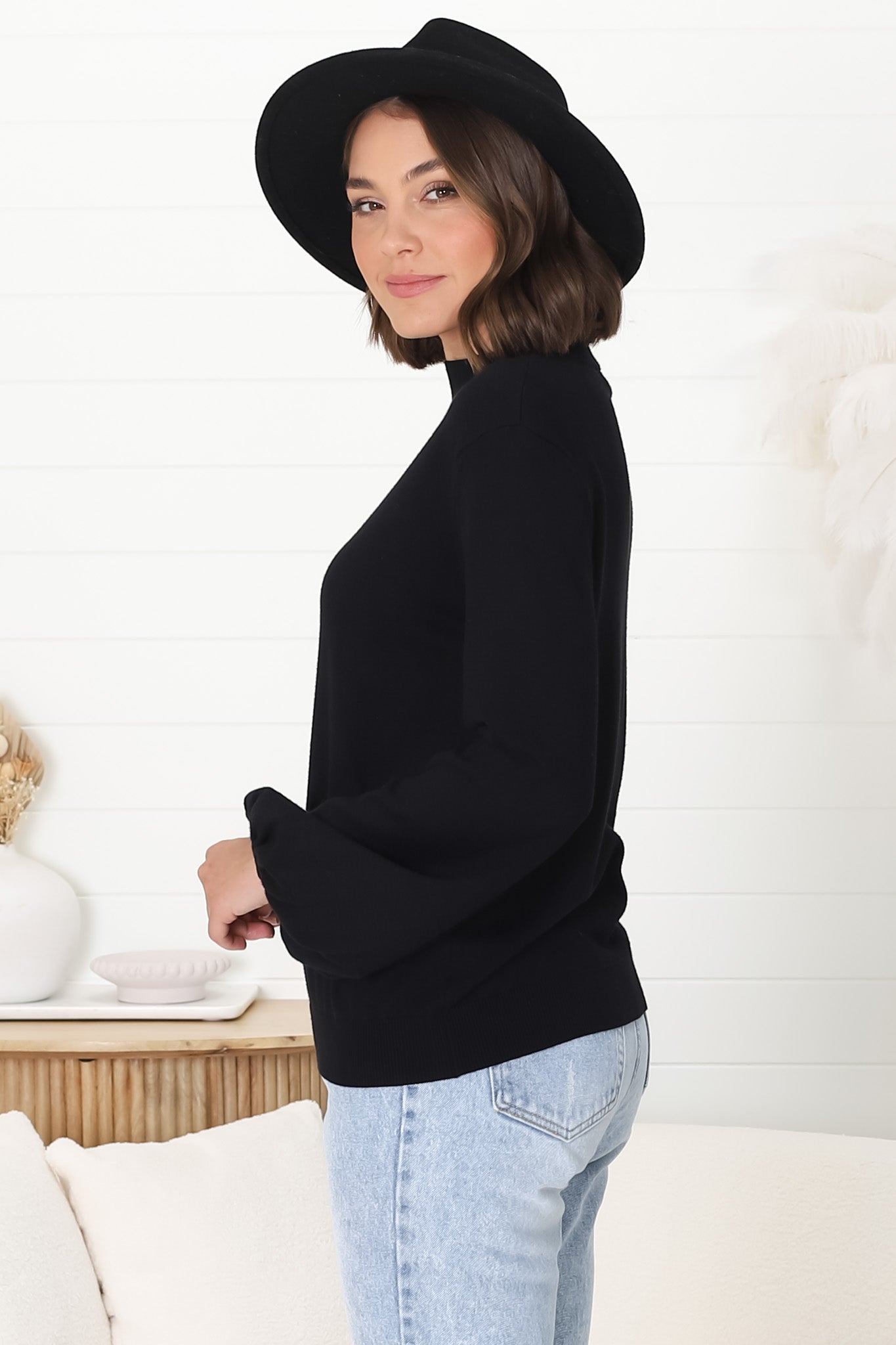 Tallum Knit Top - High Neck Knit Top with Balloon Sleeves in Black
