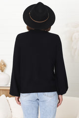 Tallum Knit Top - High Neck Knit Top with Balloon Sleeves in Black