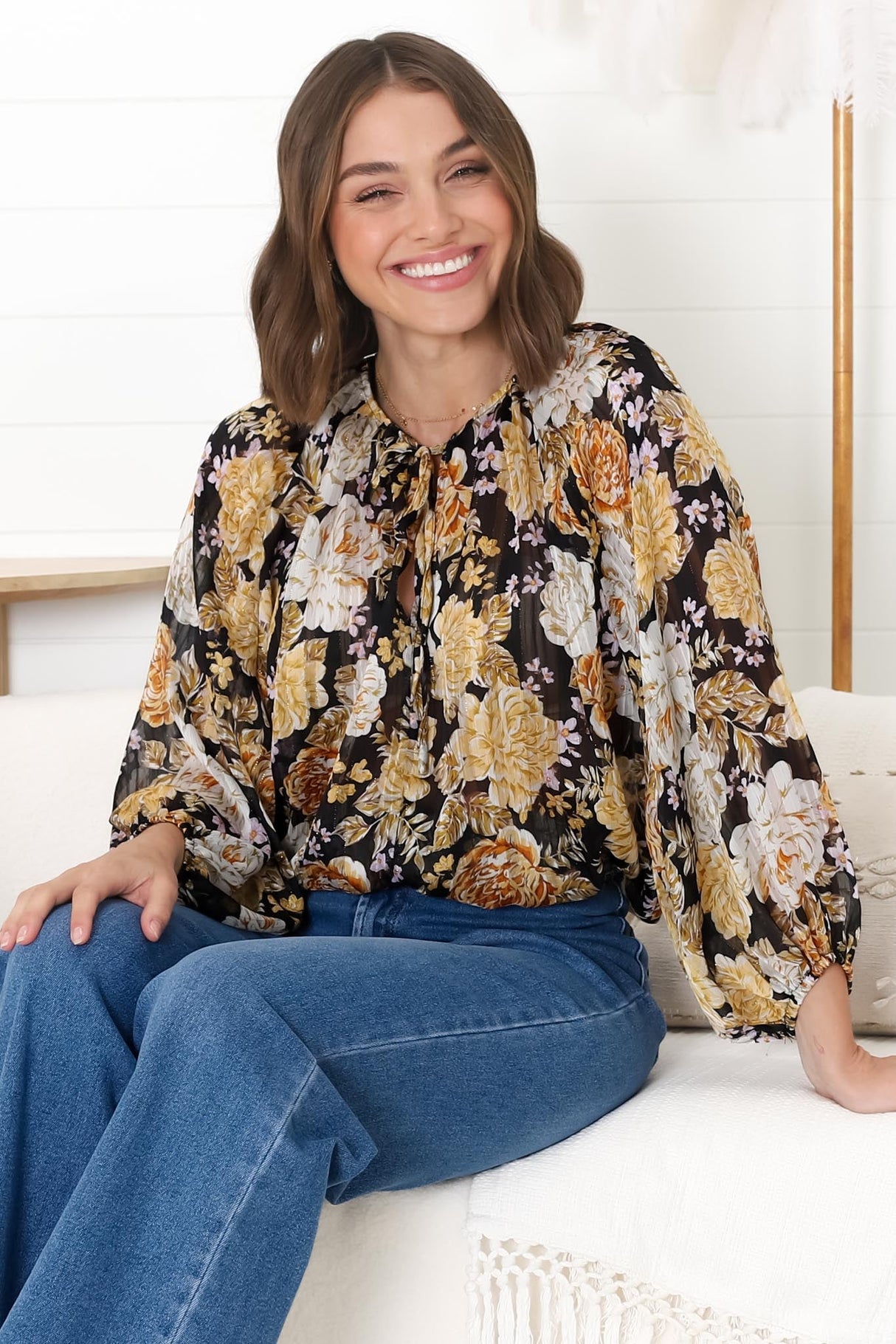 Marietta Top - Pull Over Plisse Blouse with Gold Tinsel Threading in Elsa Print Black