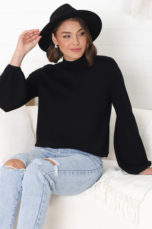 Tallum Knit Top - High Neck Knit Top with Balloon Sleeves in Black