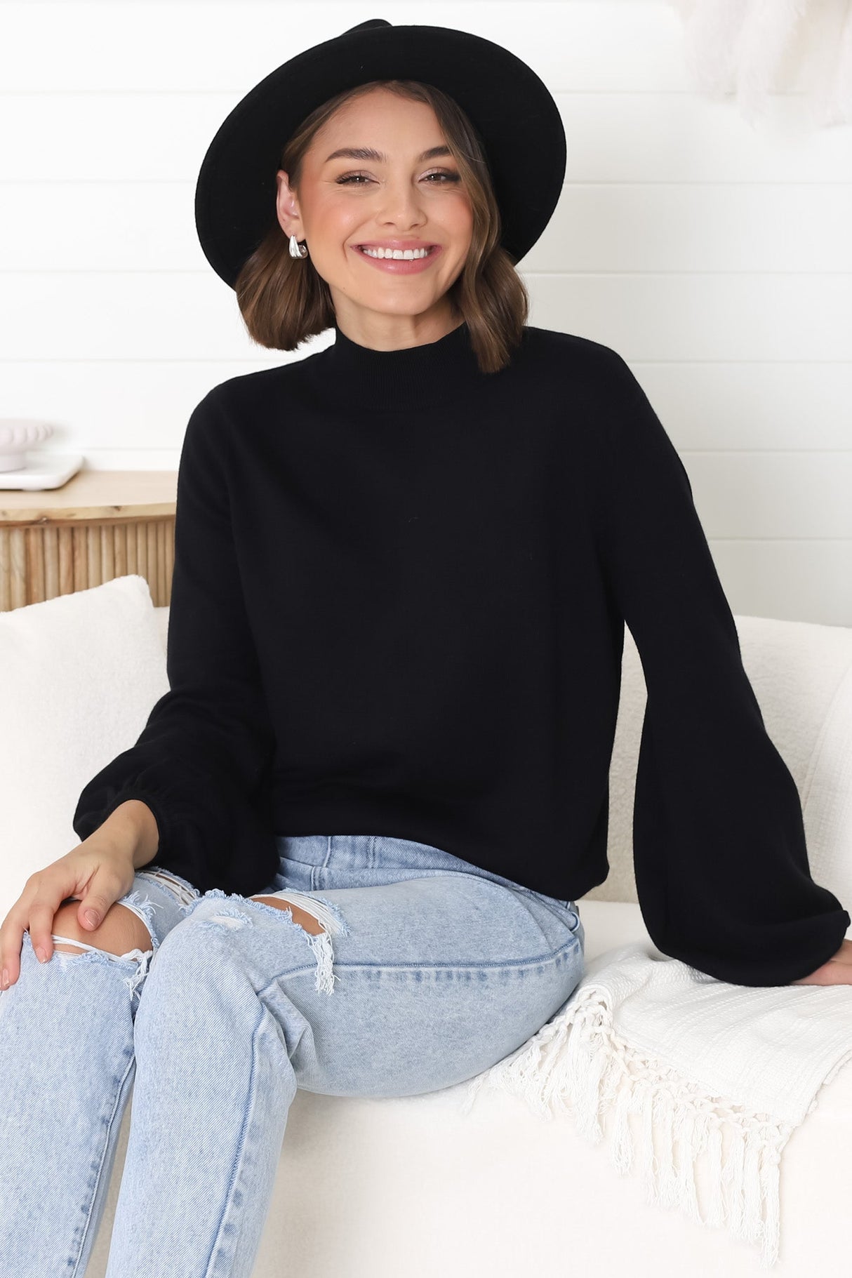 Tallum Knit Top - High Neck Knit Top with Balloon Sleeves in Black